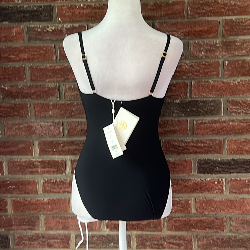 Tory Burch Women's Solid Black Ruched Tie Front One Piece Swimsuit Size XS - Picture 7 of 8